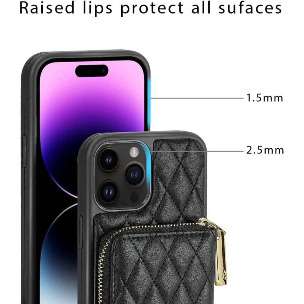 Lameeku iPhone 13 Pro Max Wallet Case Black Quilted Crossbody RFID New